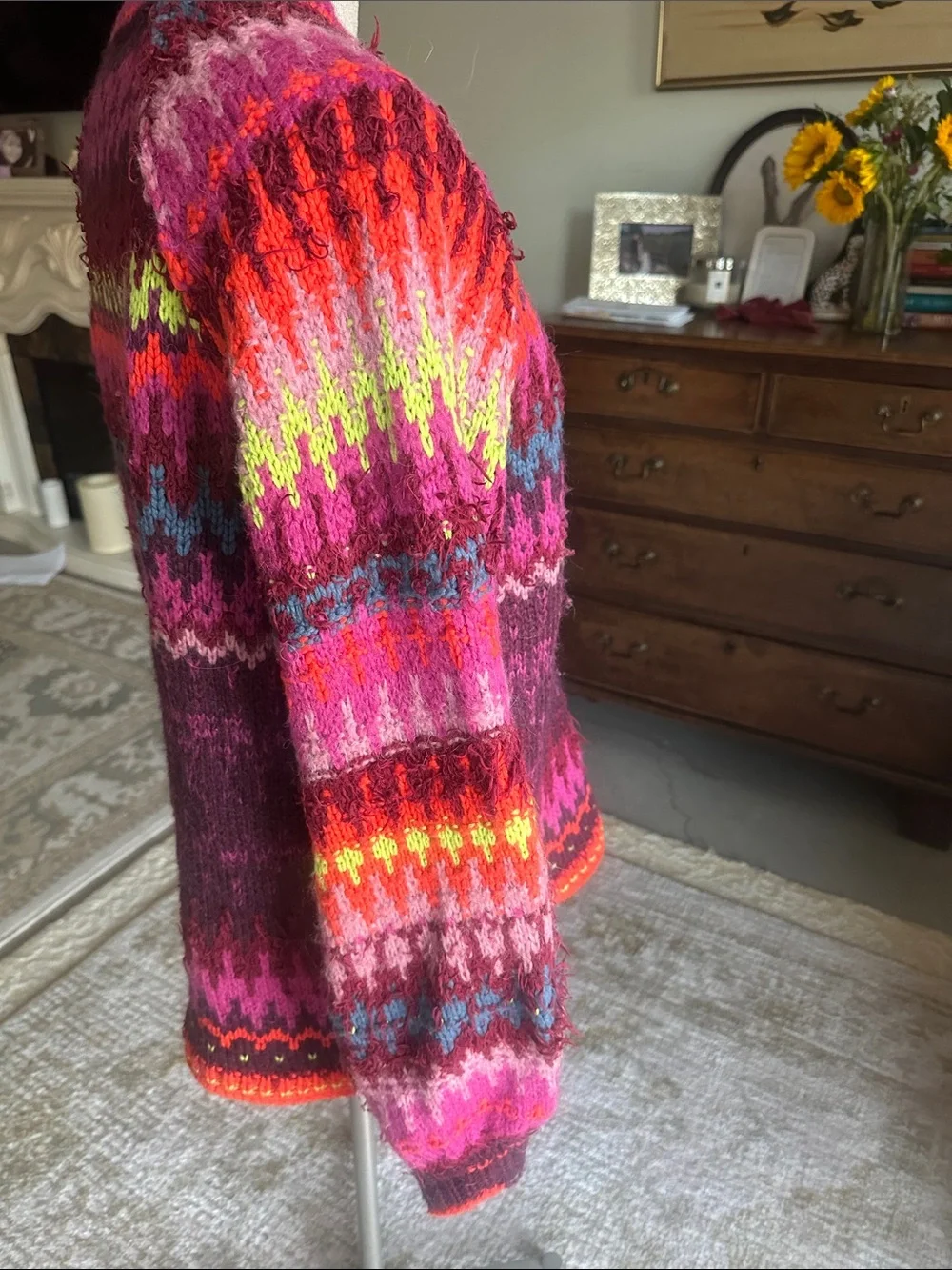 Free People Multicolor Fair Isle Crewneck Sweater in Burgundy, Pink, Neon Yellow